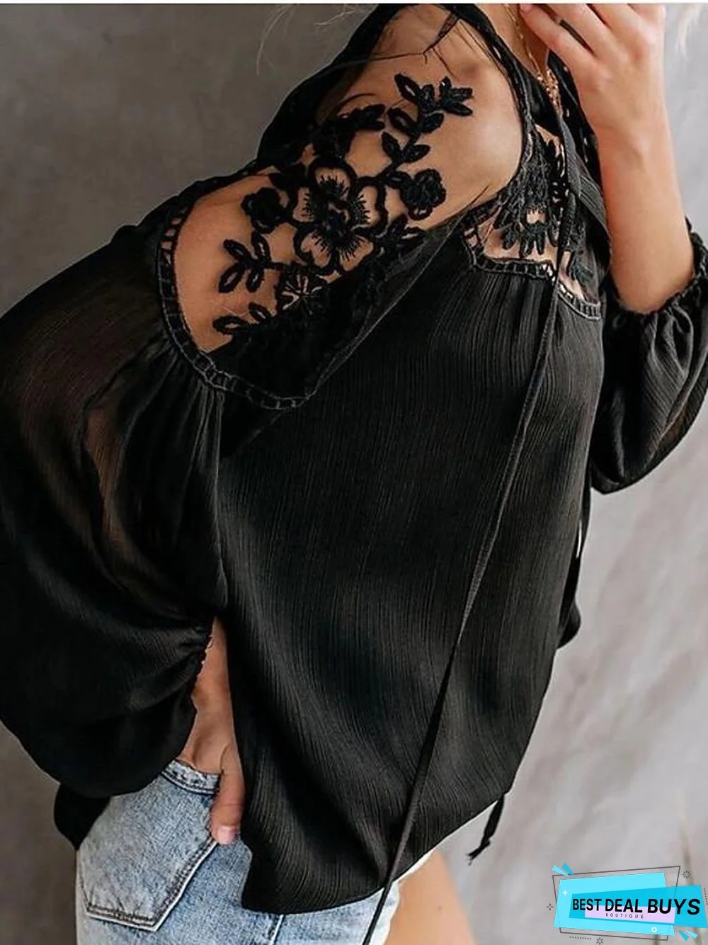 Women's Blouse Shirt Solid Colored Plain Long Sleeve Mesh Lace V Neck Tops Loose Basic Top White Black-0203815