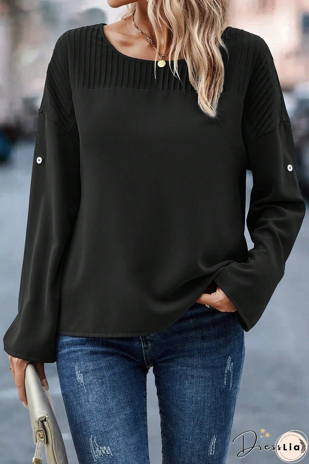 Elegant Black Stitched Sleeve Round Neck Blouse