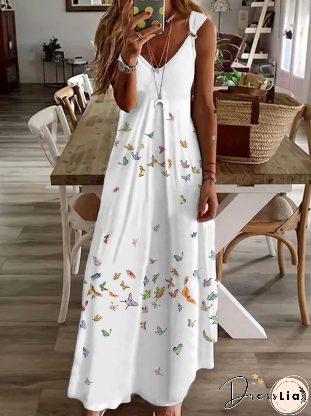Casual Butterfly Sleeveless V Neck Plus Size Printed Dress