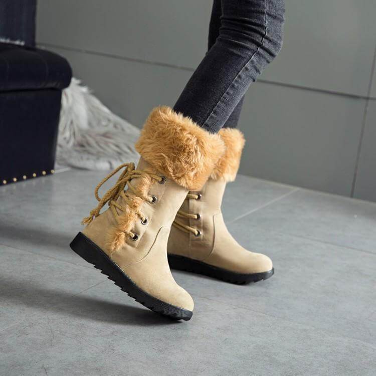 VCSHOES Fur Lace Up Flat Suede Calf Boots