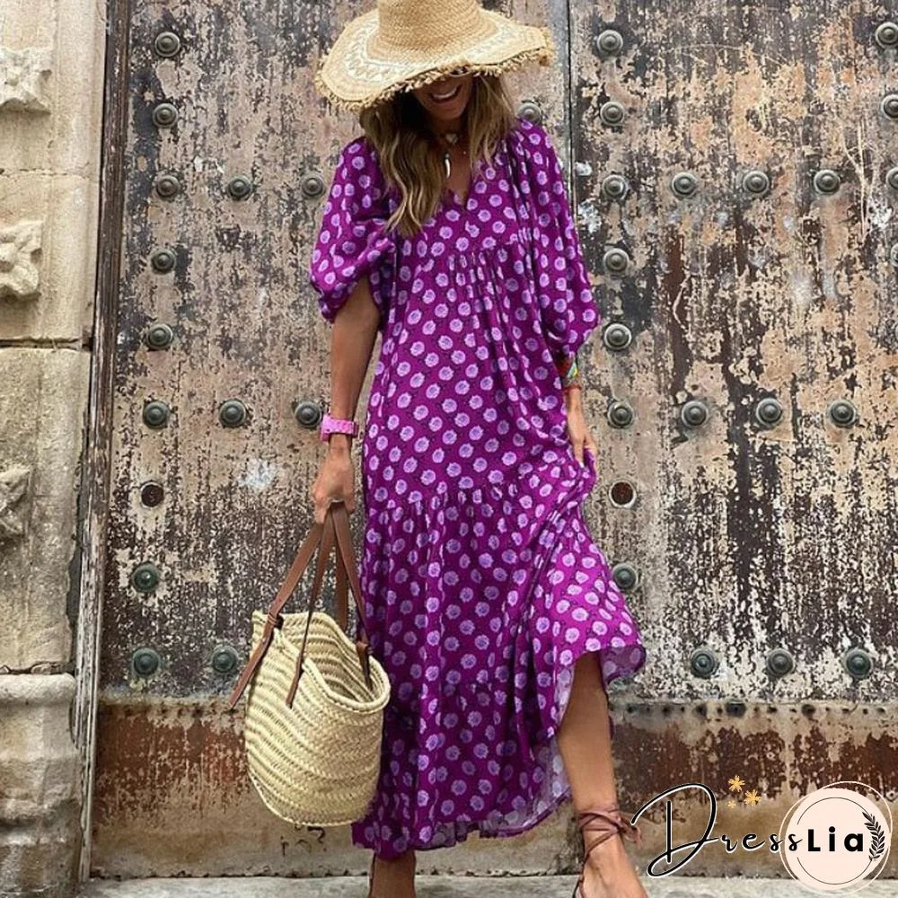 Lantern Sleeve Printing Long Dresses Women Summer Fashion V Neck Ankle-length Geometric Collage Dress Loose Boho Beach Dresses