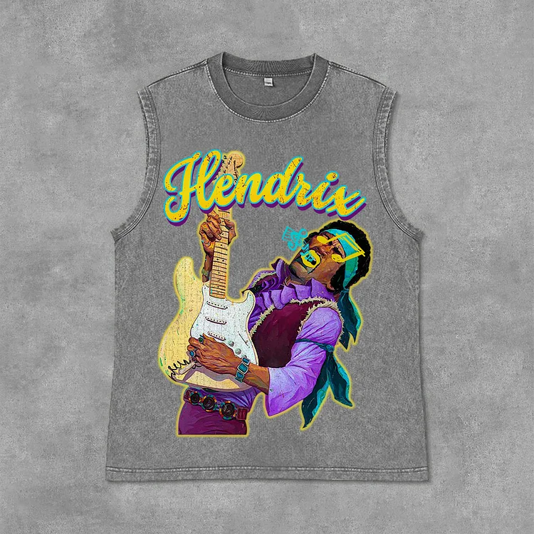 Retro Hendrix Fashion Guitarist Graphic Print Acid Washed Sleeveless Tank Top SOPULA