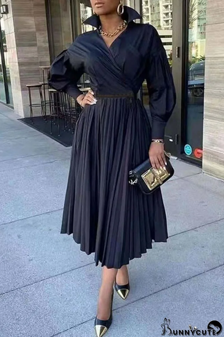 Black Casual Solid Patchwork V Neck Pleated Dresses