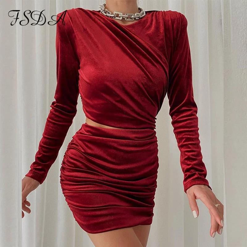 2022 Hollow Out Bodycon Dress Mini Women Brown Autumn Winter Sexy O Neck Long Sleeve Elegant Party Dresses Black Club