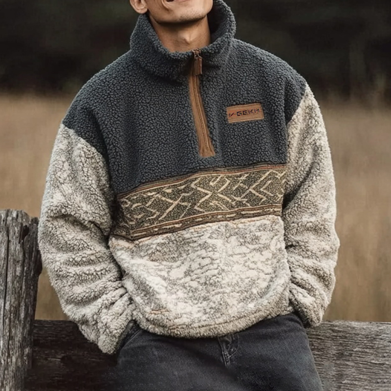 Men's Surfing Style Dark Gray Loose Casual Autumn And Winter New Lambskin Splicing Sweatshirt