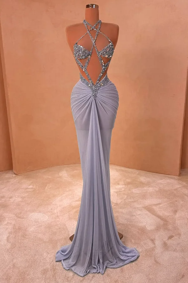 Daisda Light Purple Sleeveless Strapless Beads Mermaid Prom Dress