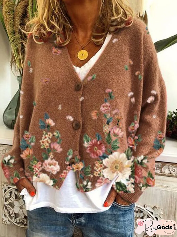 Casual Floral Shift V Neck Sweater Coat