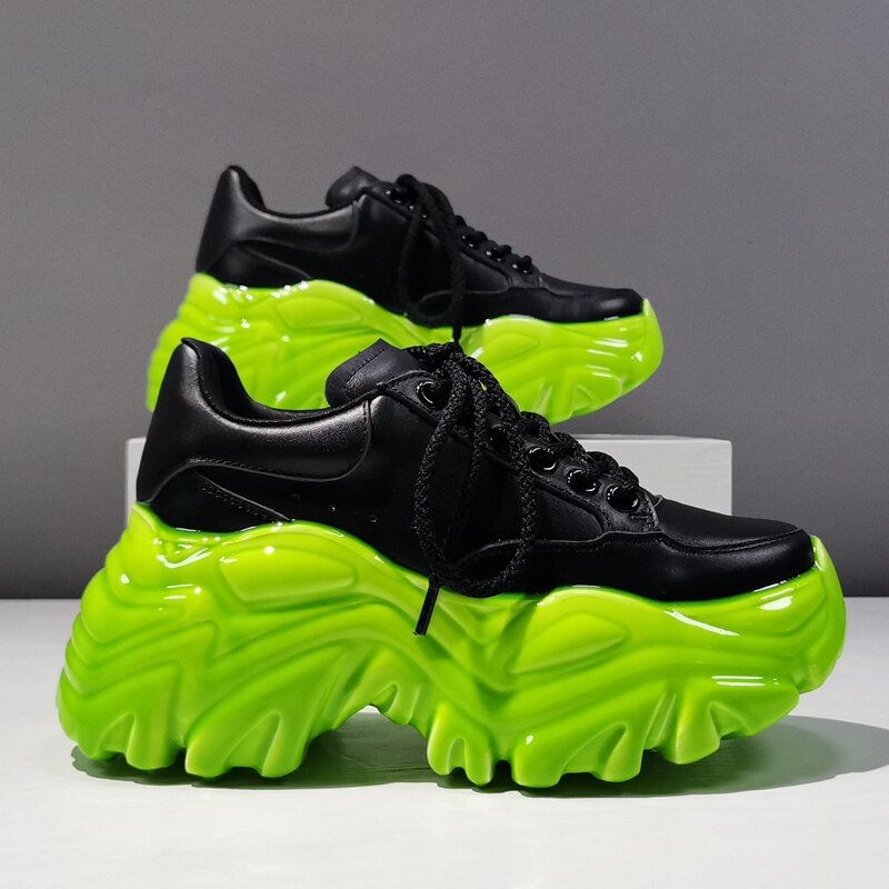 Women Sneakers Genuine Leather Crystal Jelly Flat Platform Sapatos Das Mulheres Thick Bottom Increase Casual Lace-Up Girl Shoes