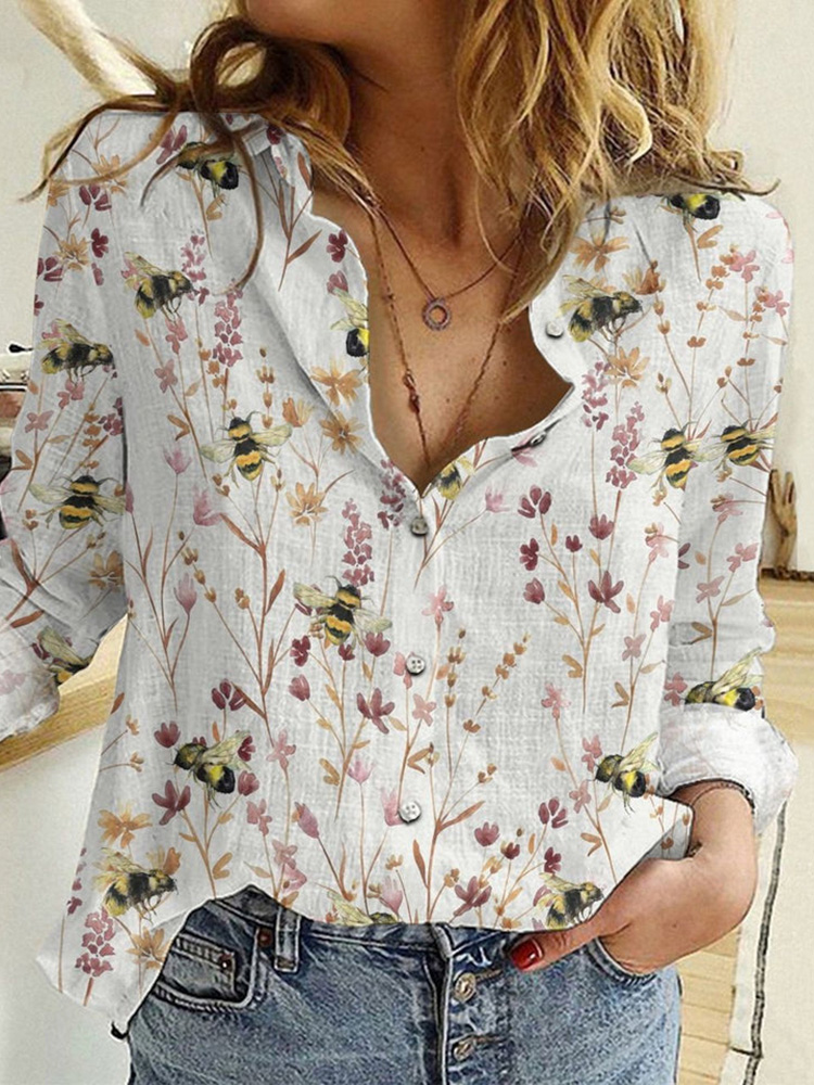 Comstylish Vintage Blossom Bees On Wild Flowers Casual Shirt