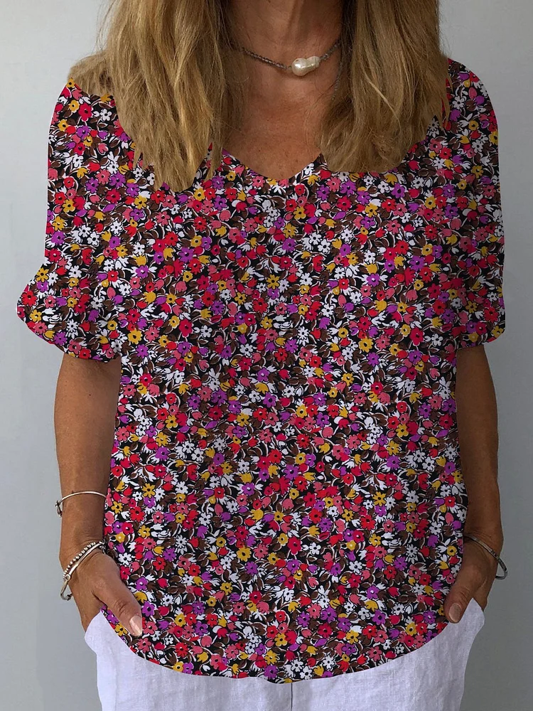Women's Retro Floral Casual V-Neck Cotton And Linen Top