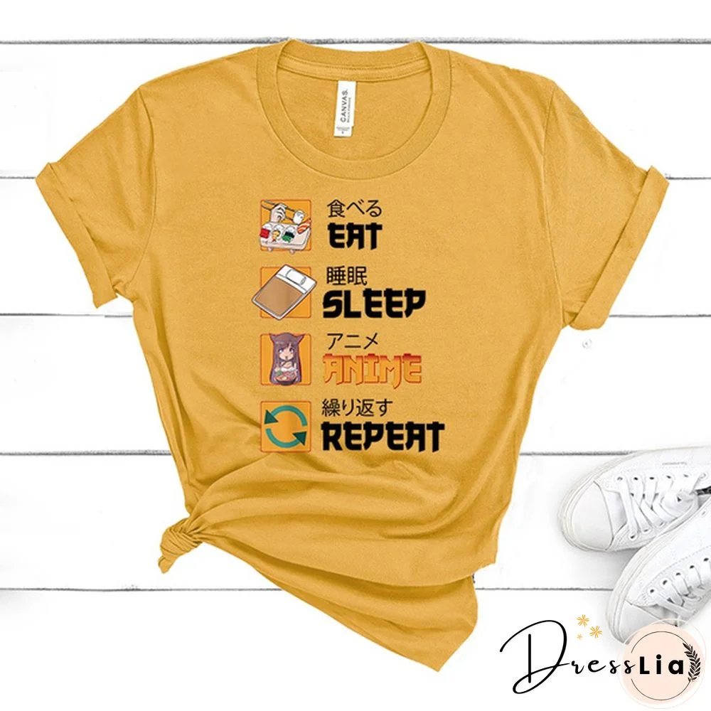 Funny Eat Sleep Anime Repeat Print T-Shirt Dinosaur Graphic Print T Shirt Women Short Sleeve Tees Female Casual O Neck T-Shirt