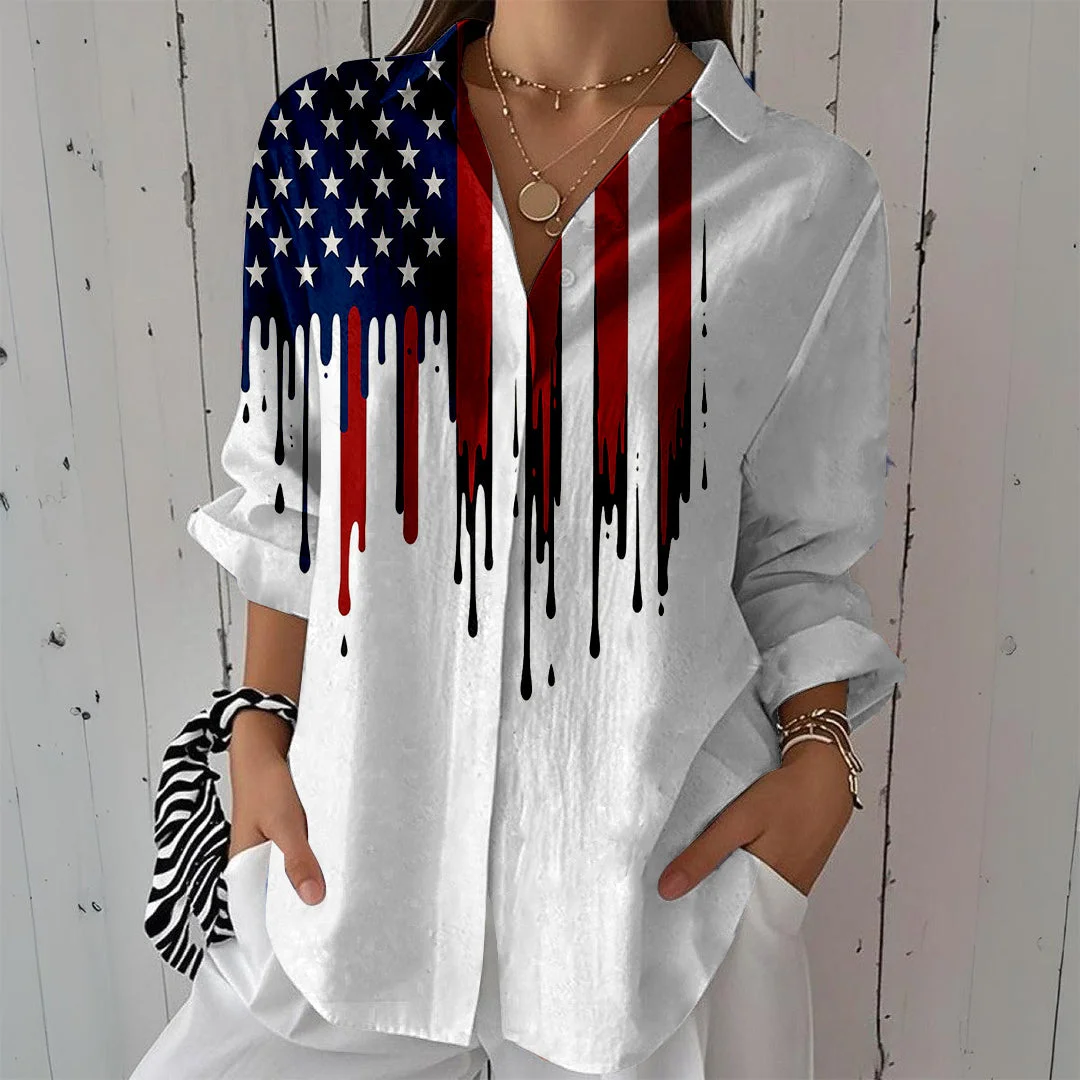 Style & Comfort for Mature Women Women  Independence Day, Star, Striped, Blue, Red DZCL0239 3/4 Sleeve Shirt Collar Printed Button Tops