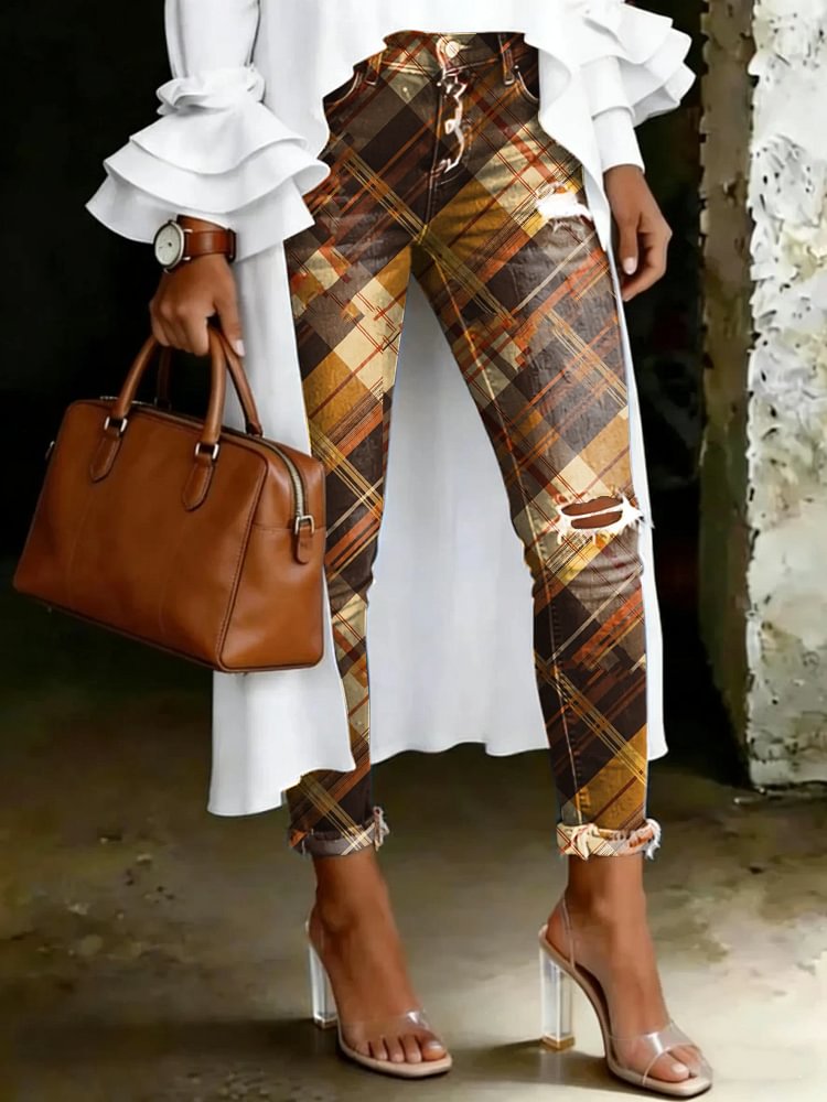 Women's Vintage Rhombus Print Casual High-waisted Ripped Skinny Jeans