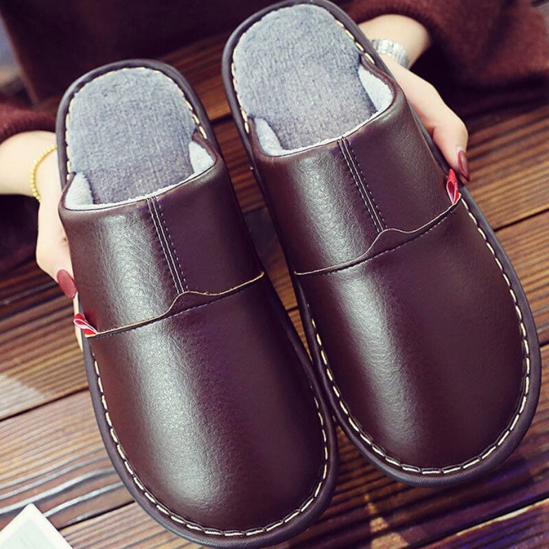 Waterproof Leather Slippers Women's Indoor Mules Shoes Unisex Home Fur Slippers Woman Room Shoes Ladies Red Fur Slides Slippers