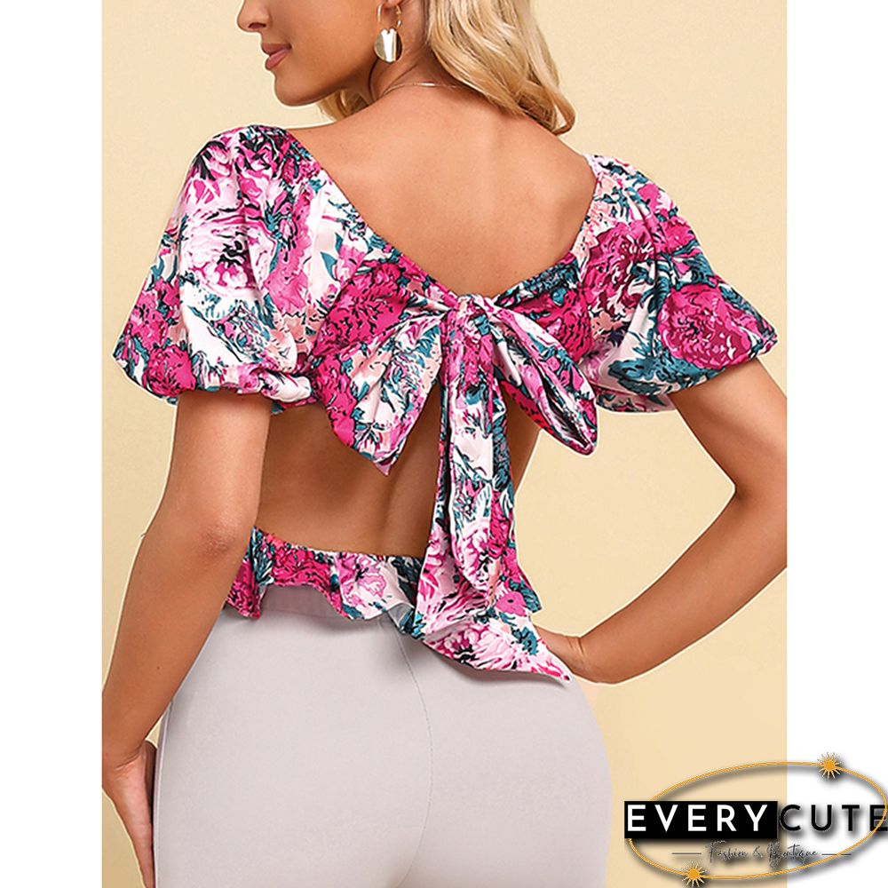 Floral Print Back Bowknot Square Neck Crop Tops