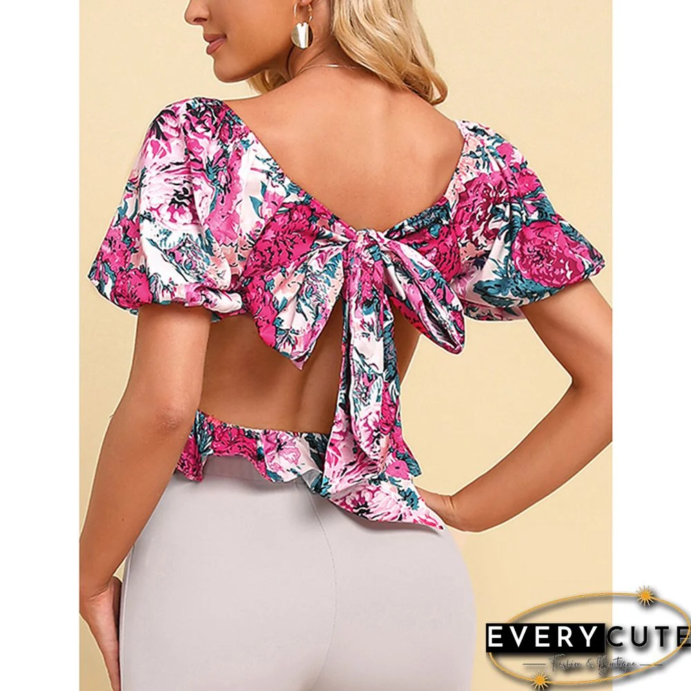 Floral Print Back Bowknot Square Neck Crop Tops