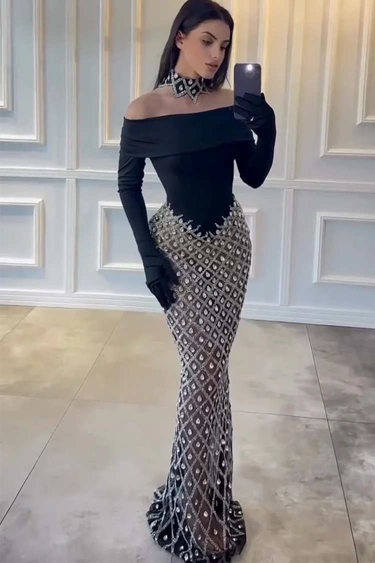 Off The Shoulder Sequin Long Sleeve Bodycon Maxi Dress-Black