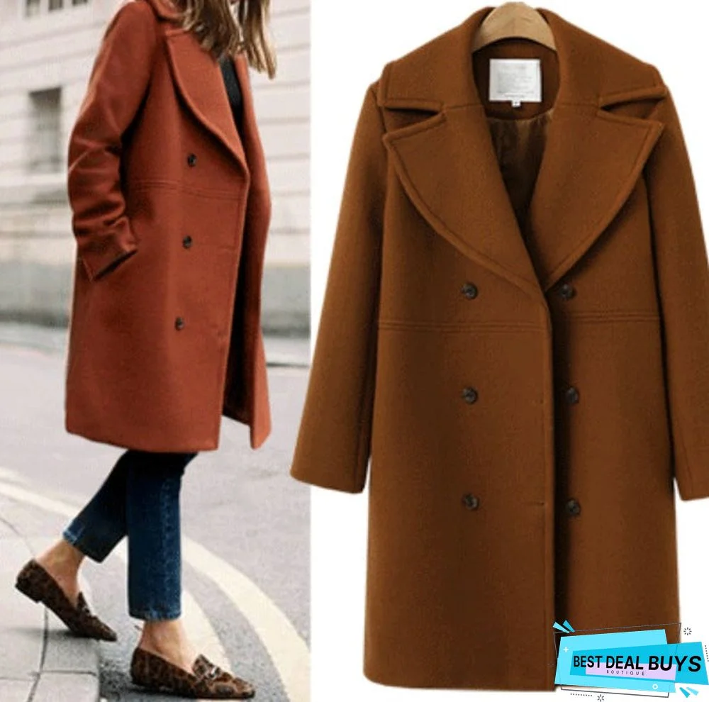 Wool Coat Women's Double Breasted Long Windbreaker Woolen Coat