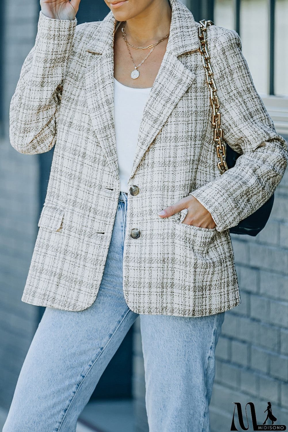 MidiSono - Pockets Lapel Collar Plaid Blazer