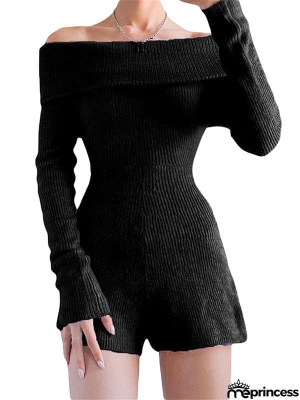 Long Sleeves Skinny Solid Color Off-The-Shoulder Rompers