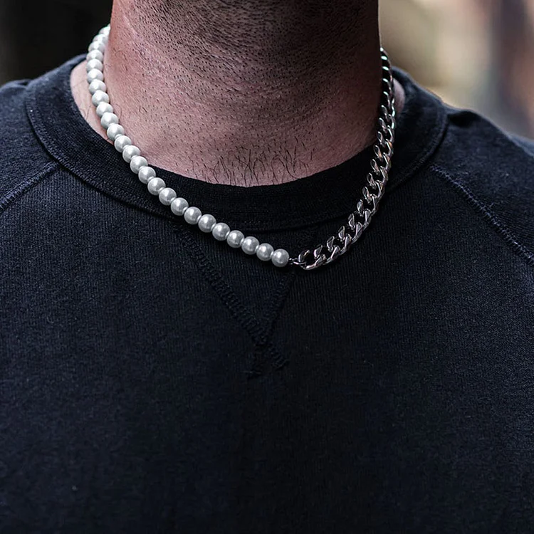 10MM Half Pearl and Steel Miami Cuban Chain Men Necklace