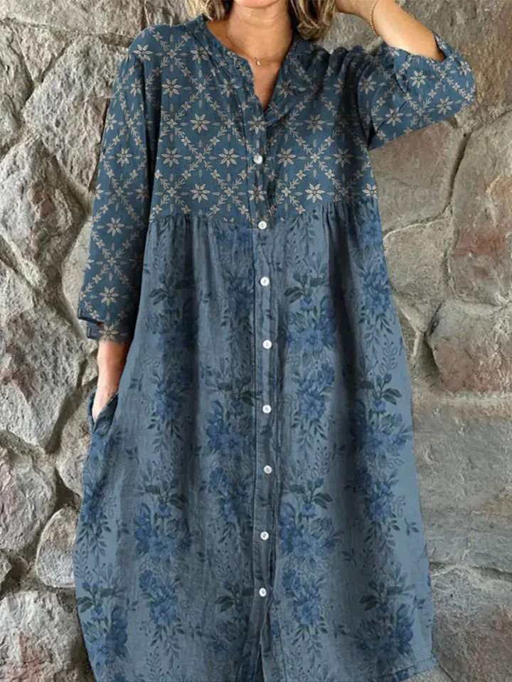 Womens Elegant Floral Dress Cotton Shirt Dress