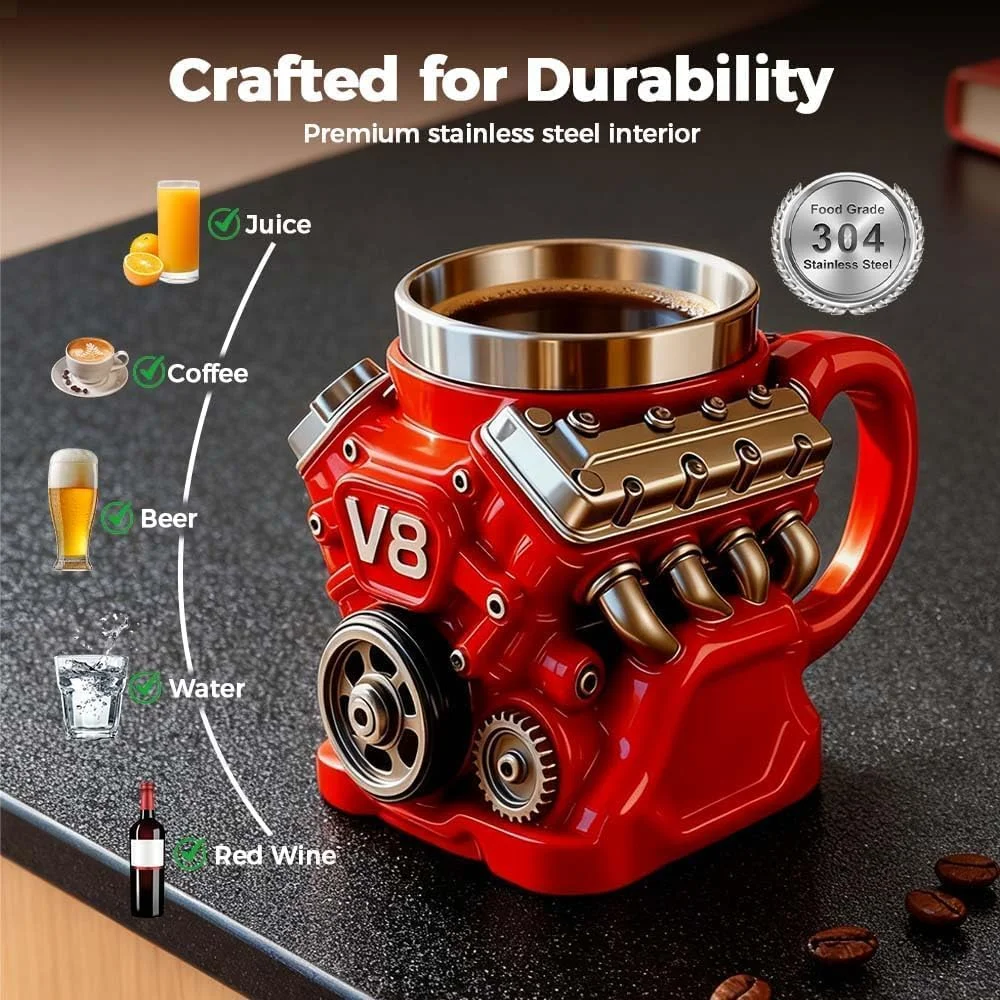 V8 engine-shaped coffee mug, retro style, made of stainless steel, customizable, double-walled design, insulated for car use, with handle, the perfect gift for Father's Day, Christmas, or for your husband or boyfriend (red, 1 piece).