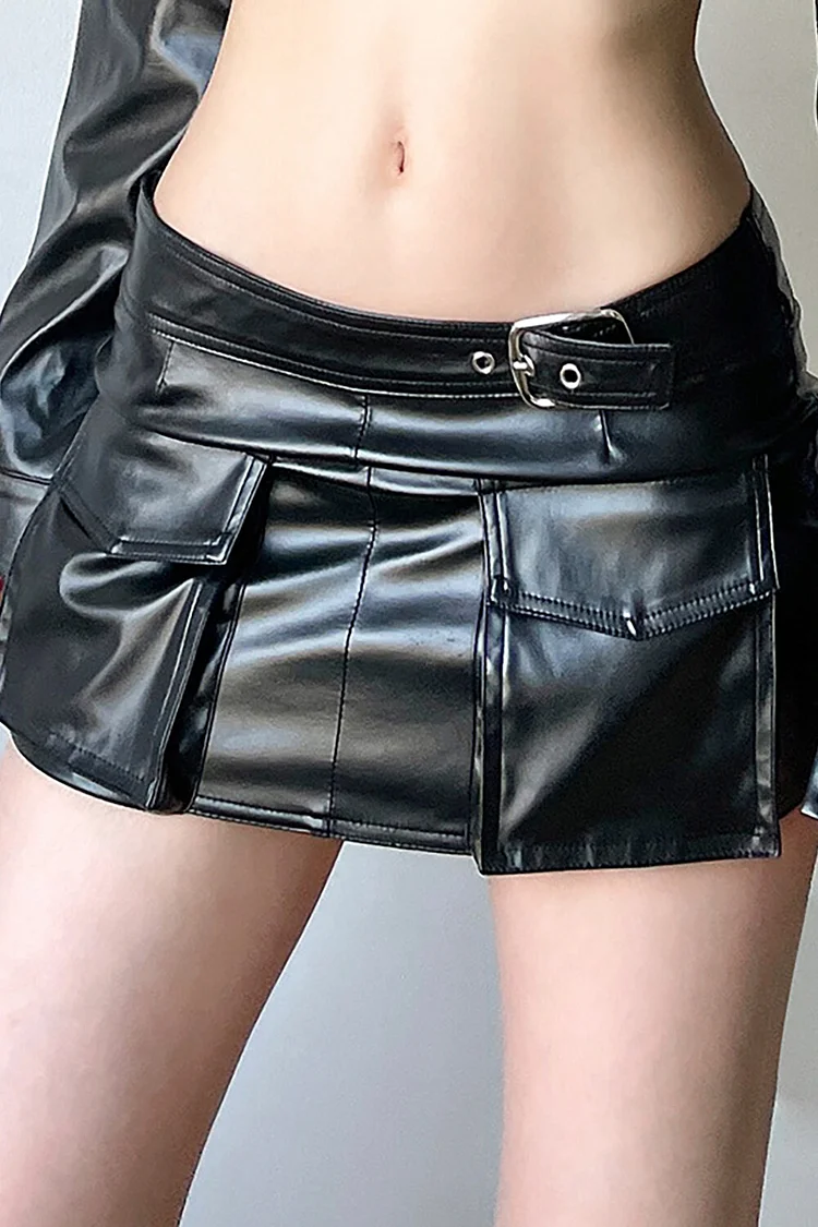 Faux Leather Belted Pockets Bodycon Low-Rise Mini Skirt-Black