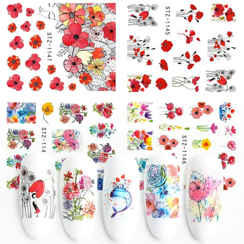 Nail Stickers Water Transfer Multiple Colors Sketchs Flower Designs 4Pcs/Set Nail Decal Decoration Tips For Beauty Salons-Nail Inspo