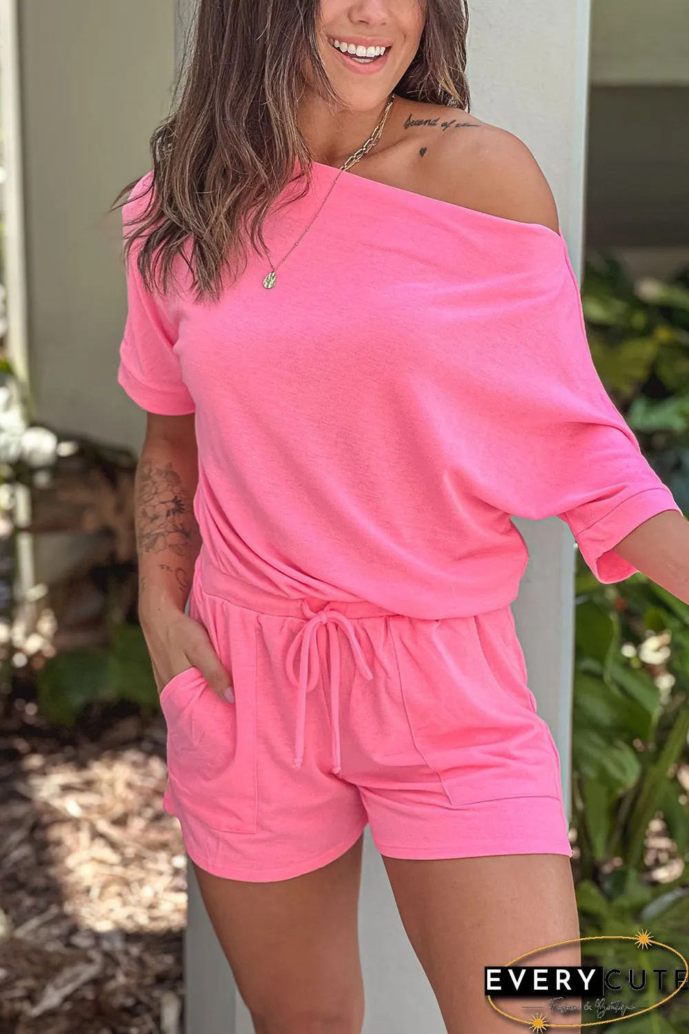 Pink Asymmetrical Short Sleeves Drawstring Pocket Romper