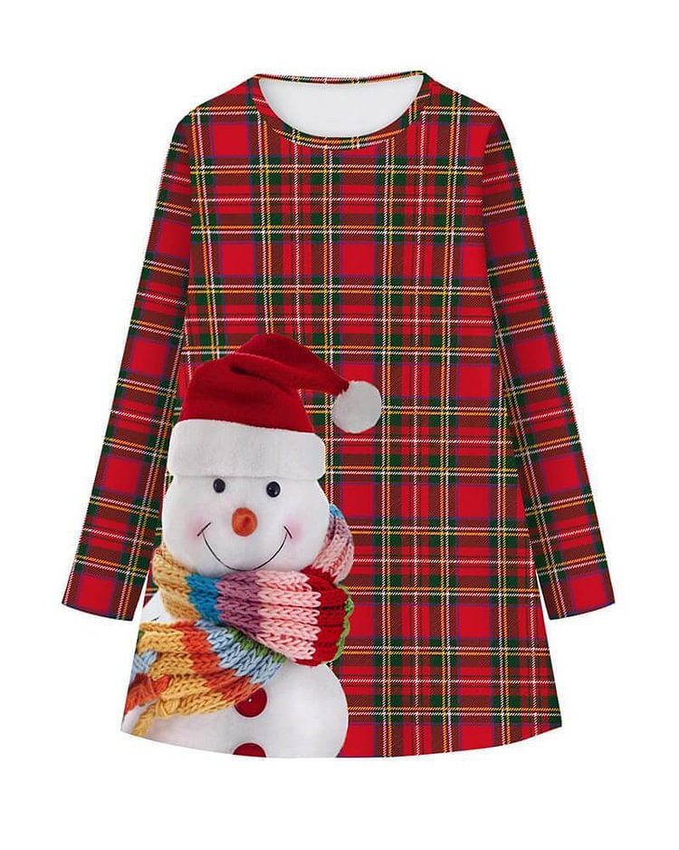Mayoulove Christmas Snowman Red Grid Check Print Girls Long Sleeve Dress-Mayoulove