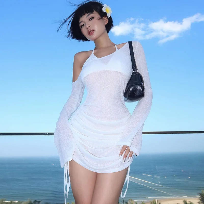 Uveng Uveng Spring And Summer New Sexy Fashion Wrinkle Hood Perspective Diagonal Collar Seaside Beach Dress