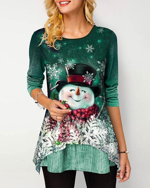 Round Neck Gradient Christmas Snowman Print T Shirt