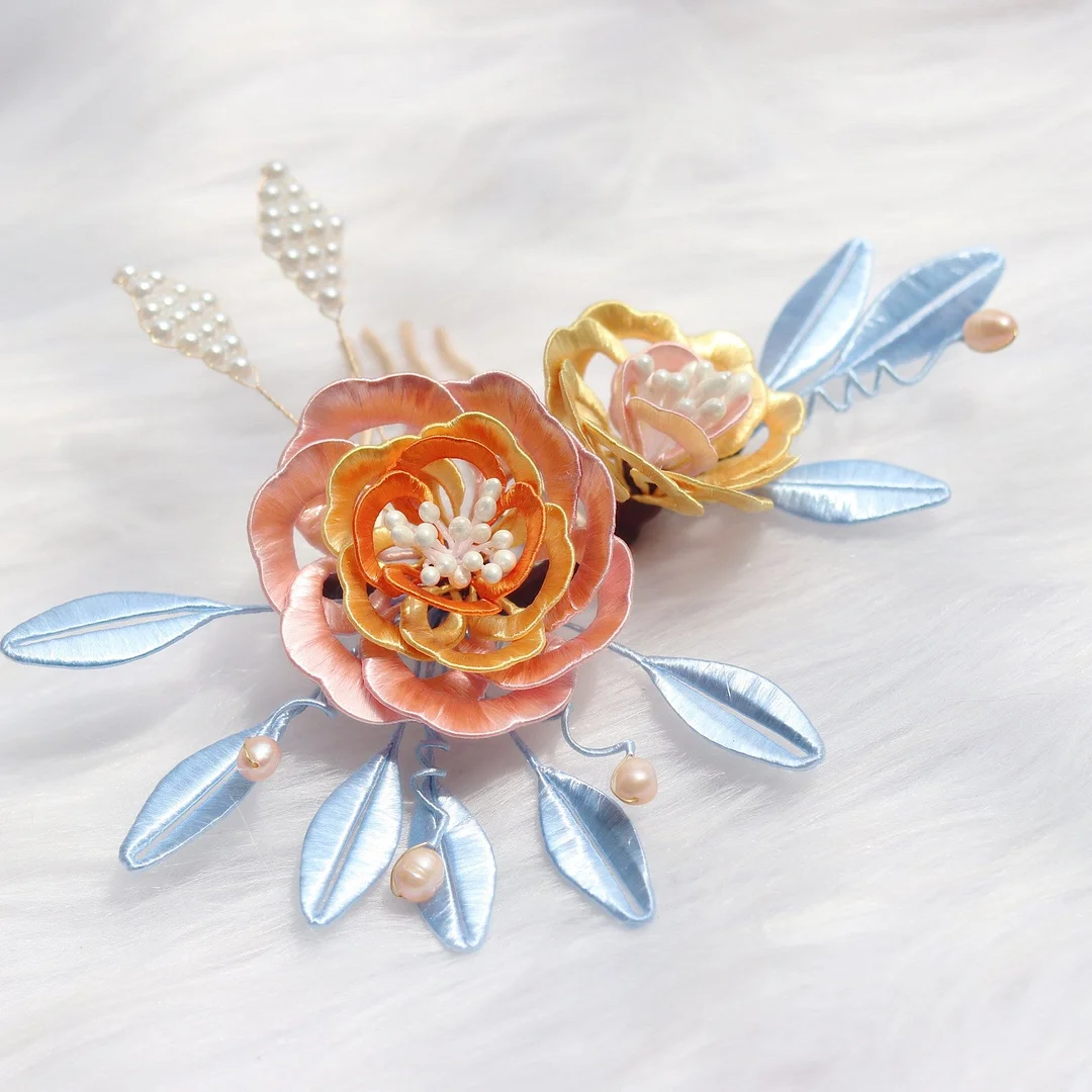 Silk Wrapped Flowers Pearl Hairpin Hanfu Headdress