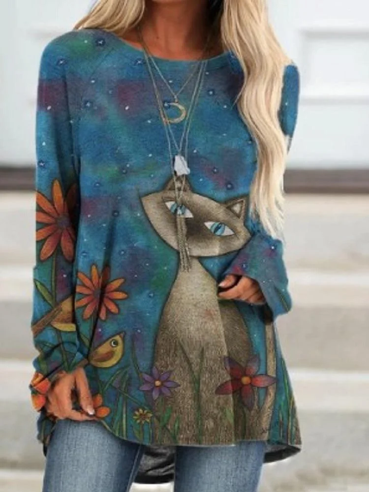 Loose round neck animal print long-sleeved top