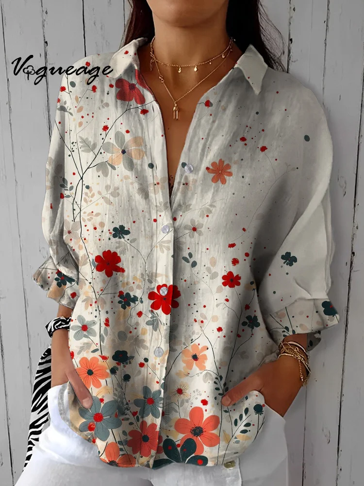 Elegant Stylish And Simple Flowers Printed Cotton And Linen Shirt