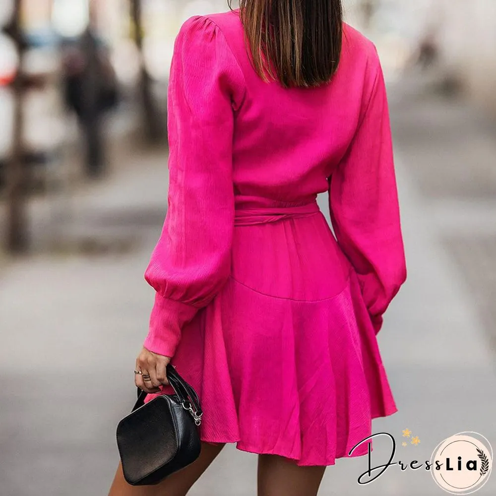 Womens Fashion Ruffles Waisted Lace-Up Party Dress Elegant Casual Solid Long Sleeve Mini