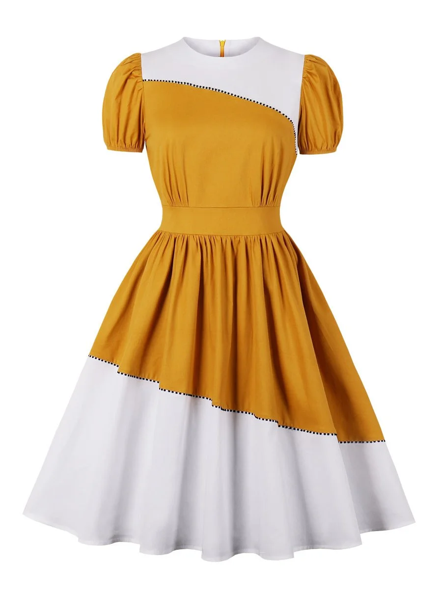 Audrey Hepburn Dress Colorblock Short Sleeve Ruched Waist Swing Dress