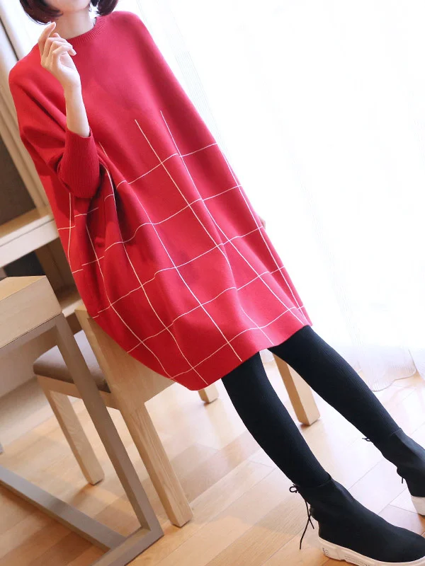 3 Colors Plaid Roomy Round-Neck Knitted Sweater Dress