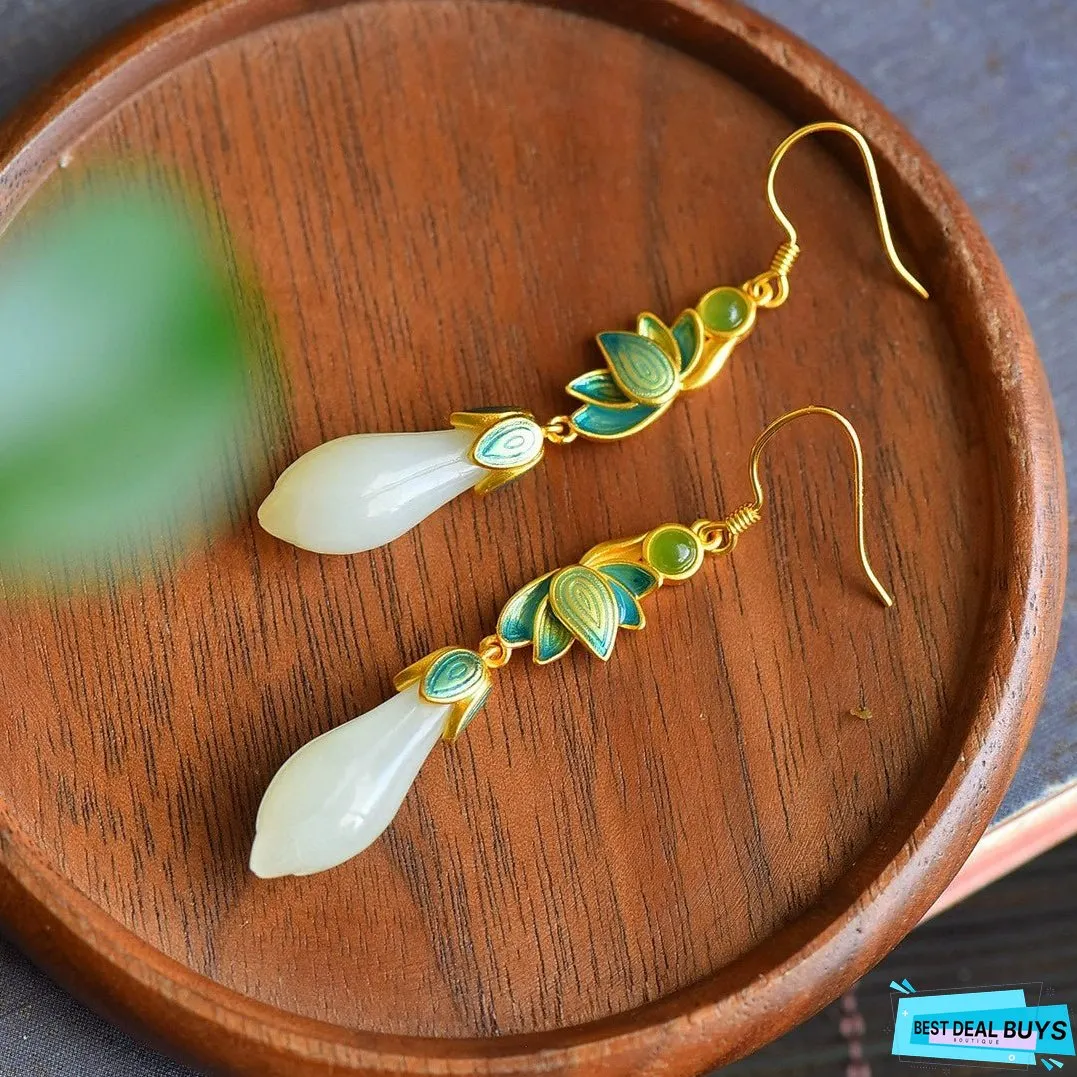 925 Silver Plated Magnolia Flower White Jade Retro Palace Style Long Women's Earrings