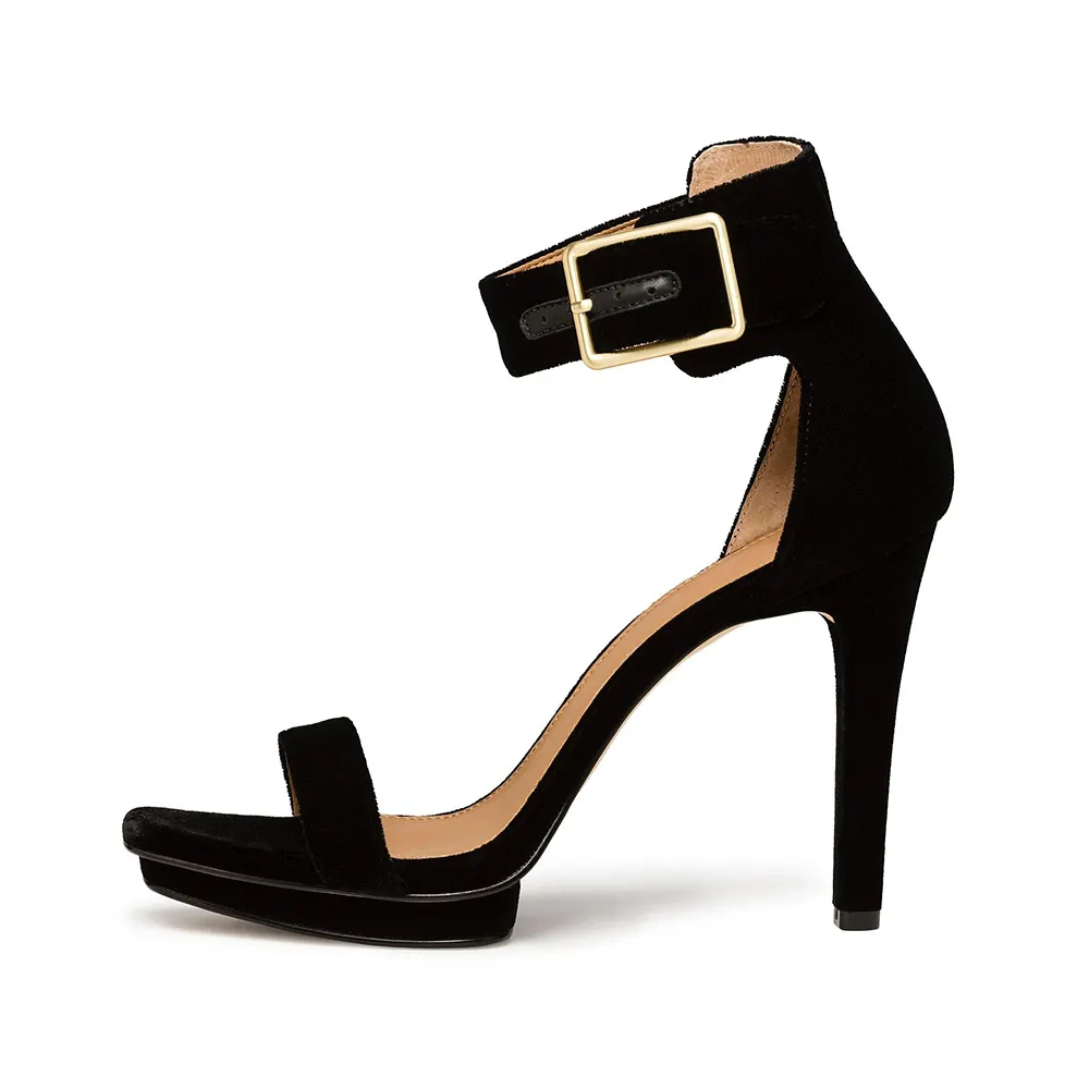Elegant Square Toe Platform Heel Ankle Strap Black Sandals for Women