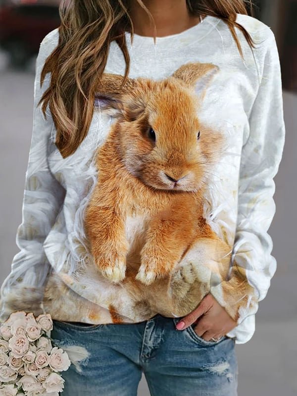 Fashion Bunny Print Long-Sleeved Sweatshirt