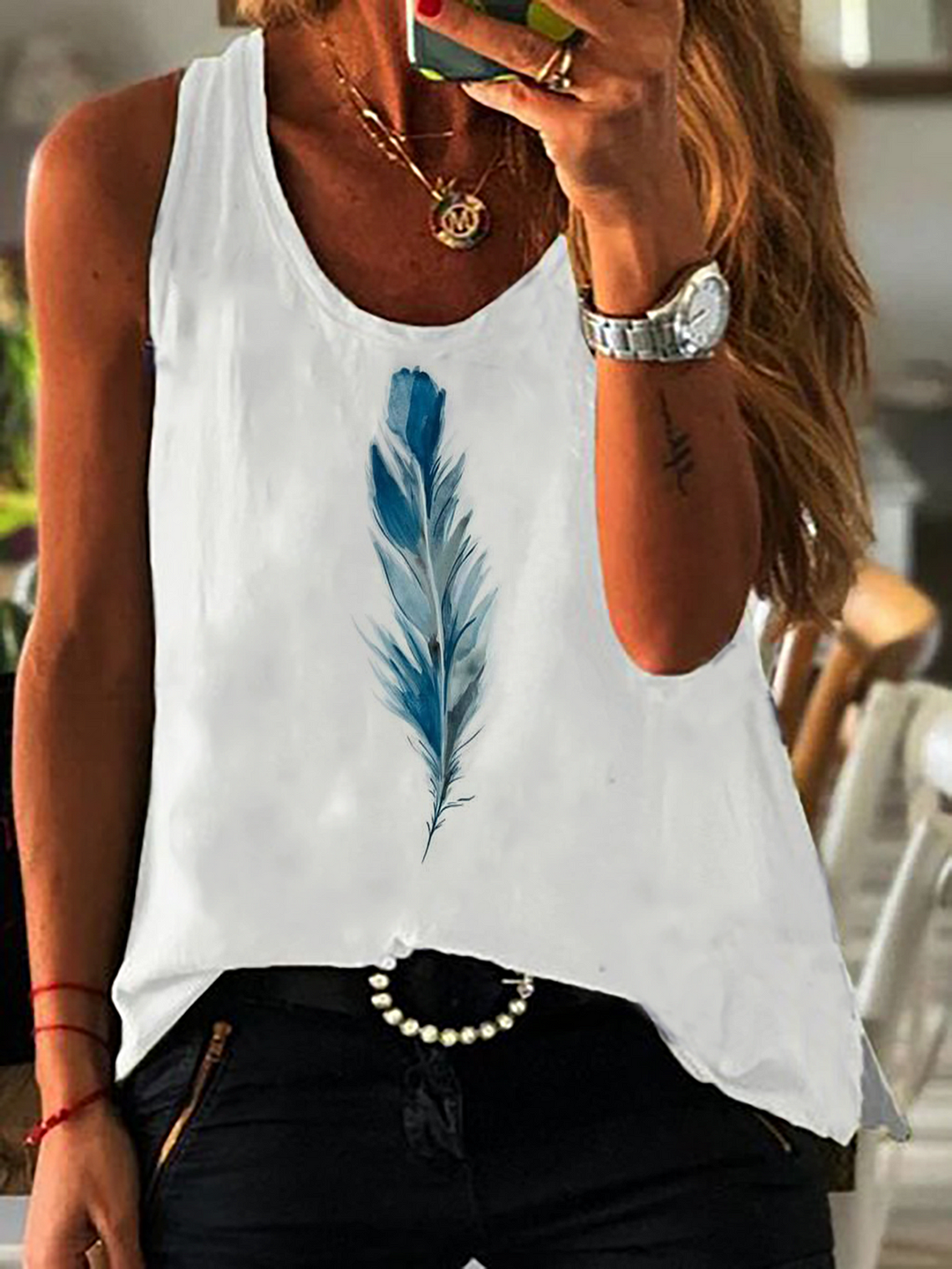 Plus size Feather Printed Casual Boho T-shirt | IFYHOME