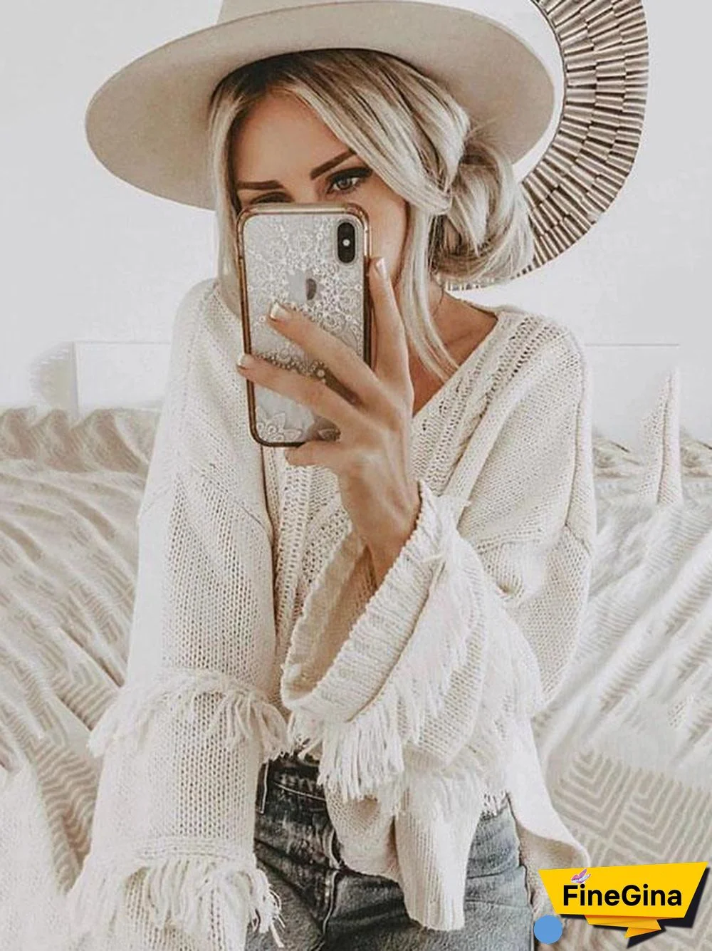 Solid Color V-neck Loose Sweater Tops