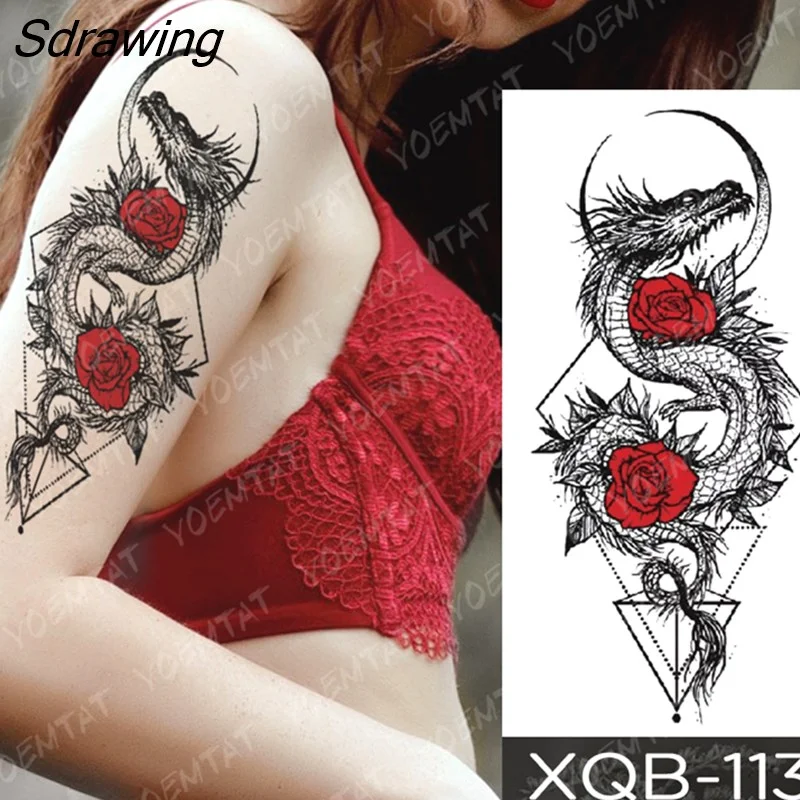 Sdrawing Temporary Tattoo Sticker Rose Snake Flower Tattoos Lace Tiger Dragon Body Art Arm Fake Sleeve Tatoo Women
