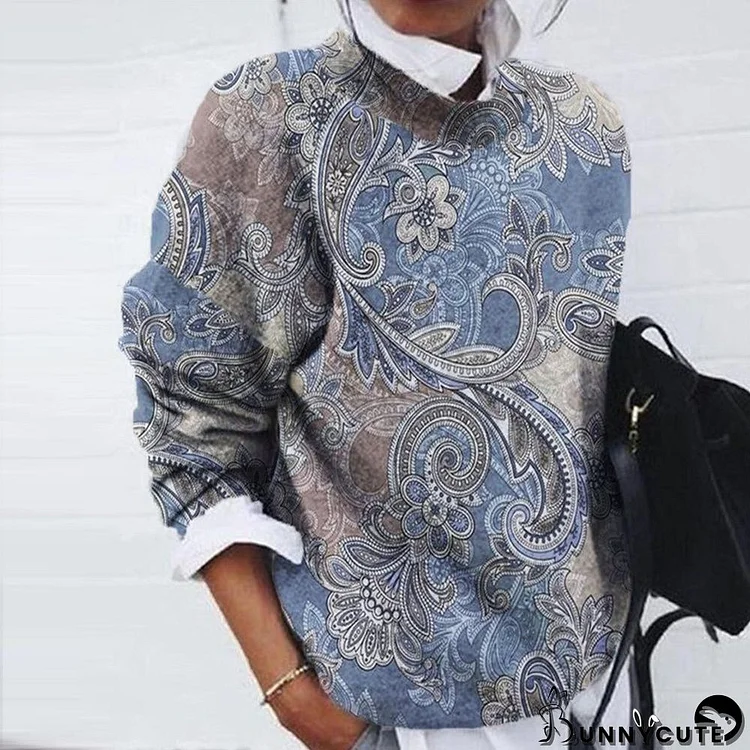 Blue Flower Paisley Print Long Sleeve Top