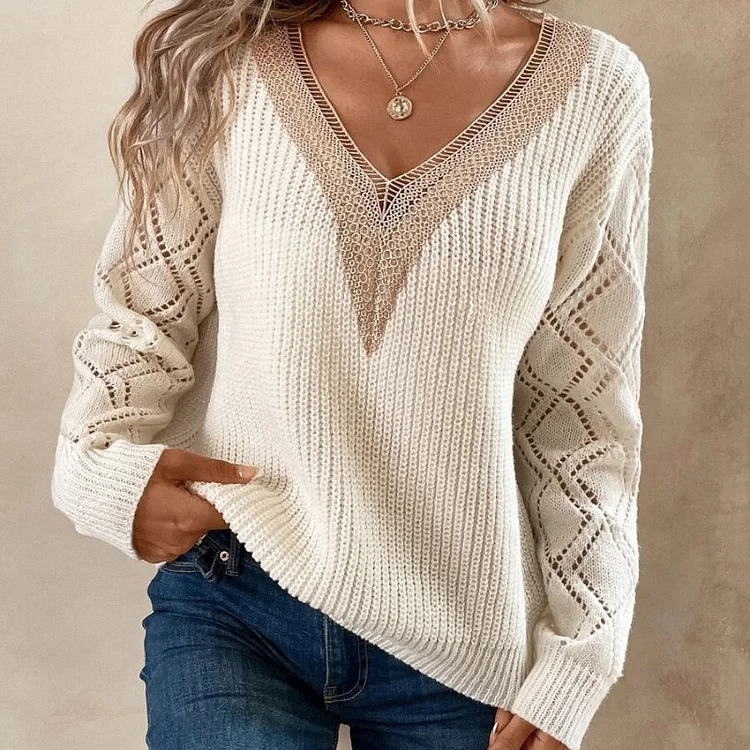 Women's Sweater Pullover Lace V-Neck Loose Solid Sweater