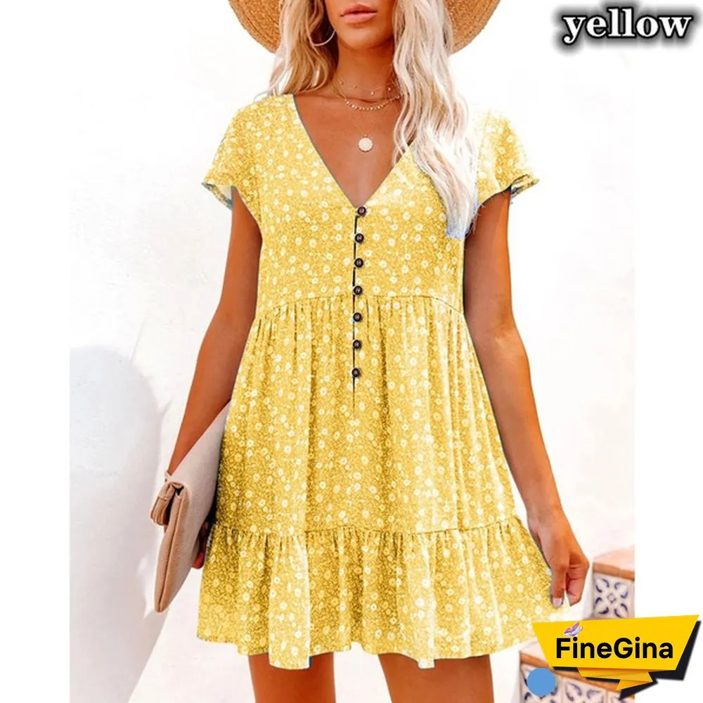 Spring Summer Dresses Plus Size Fashion Clothes Women's Casual Short Sleeve Dress Ladies Button Up Floral Flower Printed Dress Patchwork Loose Mini Pleated Dress Beach Wear Short Party Dress