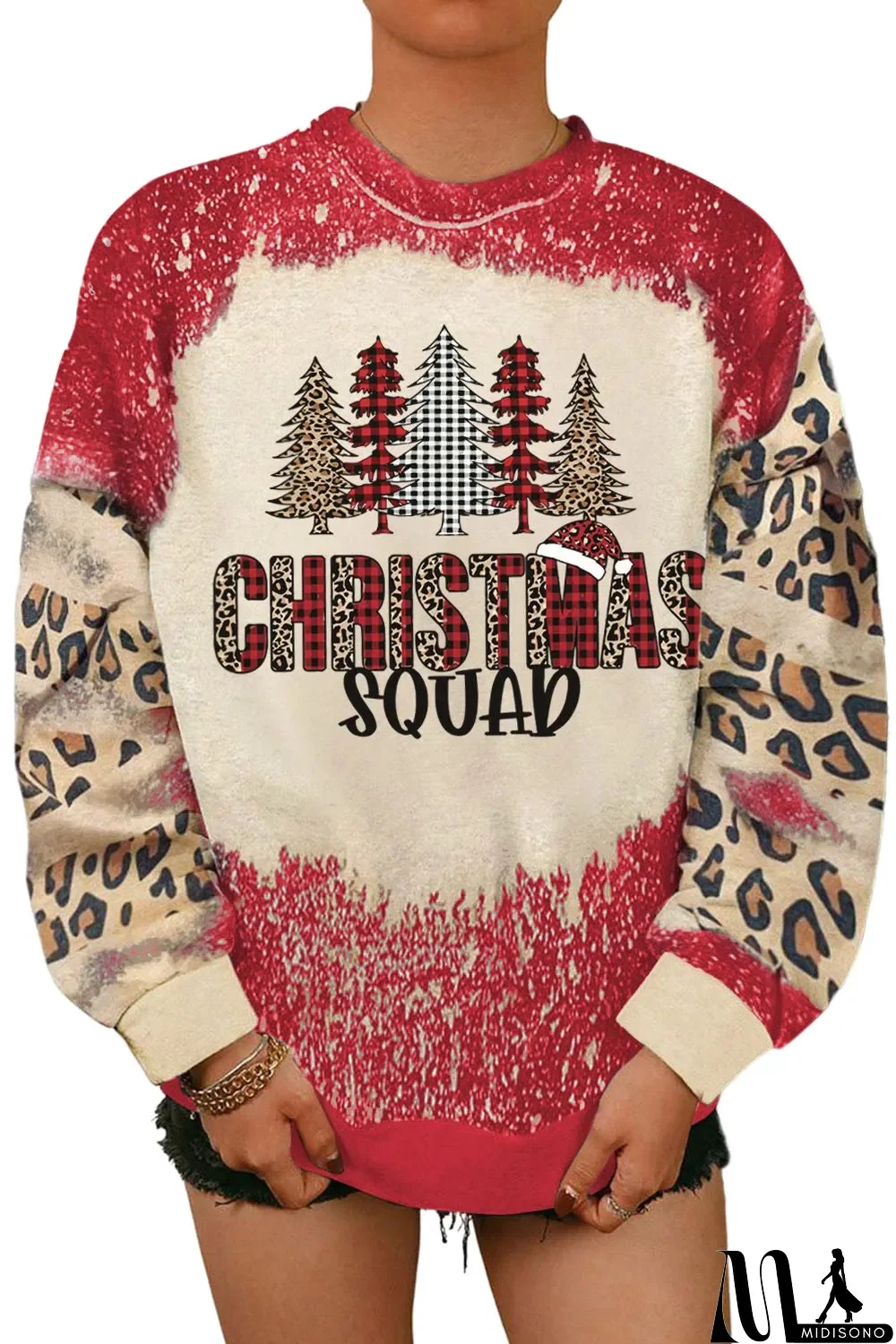 MidiSono - Red Christmas Tree Leopard Bleached Print Pullover Sweatshirt