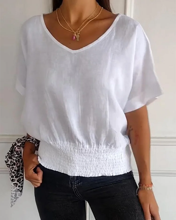 Simple solid color V-neck half-sleeve T-shirt